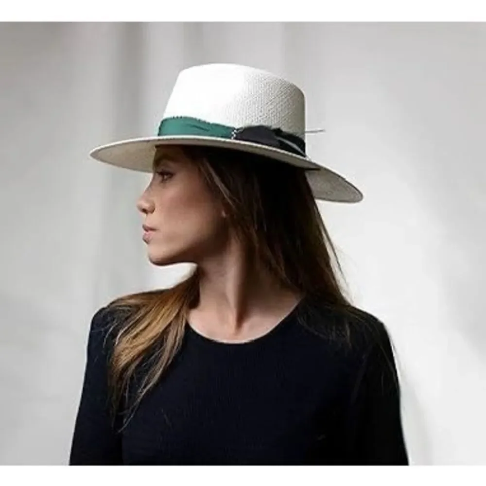 NWT B Couture Women's Wide Brim Feather Band Diane Panama Hat White Green 56cm/M